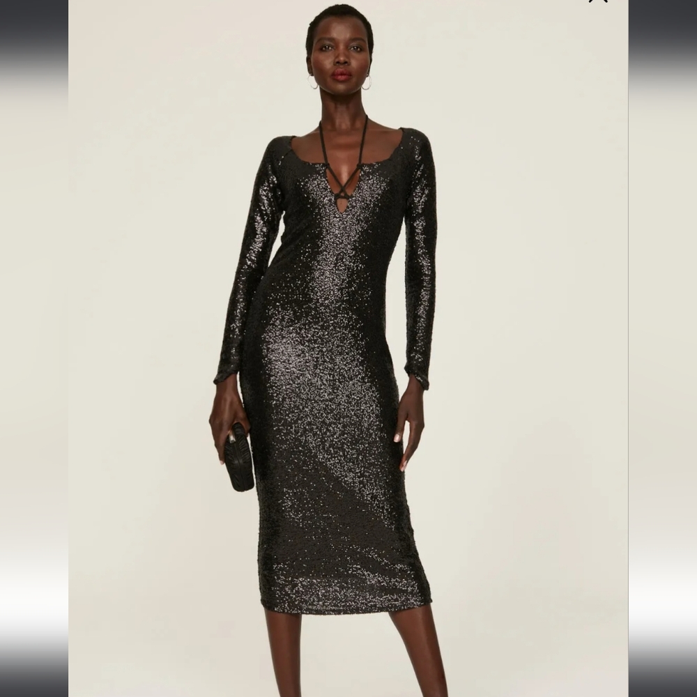 ASHLEY PARK x RTR Twilight Spritz Long-Sleeve Sequin Bodycon Midi Dress In Black